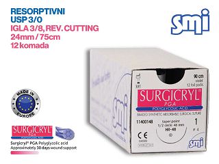 RESORPTIVNI KIRURŠKI KONAC S IGLOM, SURGICRYL PGA, USP 3/0, IGLA 3/8, reverse cutting, 24 mm/75 cm, pakiranje od 12 komada