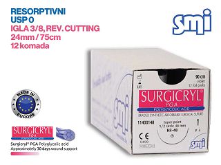 RESORPTIVNI KIRURŠKI KONAC S IGLOM, SURGICRYL PGA, USP 0, IGLA 3/8, reverse cutting, 24 mm/75 cm, pakiranje od 12 komada