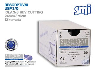 RESORPTIVNI KIRURŠKI KONAC S IGLOM, SURGICRYL MONOFILAMENT, USP 3/0, IGLA 3/8, reverse cutting, 24 mm/75 cm, pakiranje od 12 komada