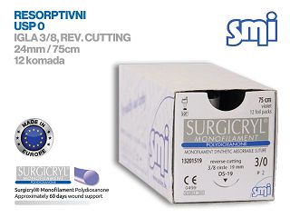 RESORPTIVNI KIRURŠKI KONAC S IGLOM, SURGICRYL MONOFILAMENT, USP 0, IGLA 3/8, reverse cutting, 24 mm/75 cm, pakiranje od 12 komada