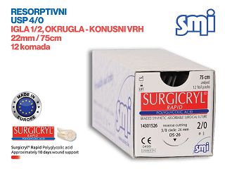 RESORPTIVNI KIRURŠKI KONAC S IGLOM, SURGICRYL RAPID, USP 4/0, IGLA 1/2, okrugla – konusni vrh, 22 mm/75 cm, pakiranje od 12 komada