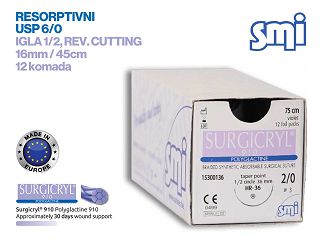 RESORPTIVNI KIRURŠKI KONAC S IGLOM, SURGICRYL 910, USP 6/0, IGLA 1/2, reverse cutting, 16 mm/45 cm, pakiranje od 12 komada