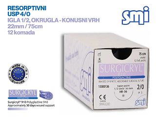 RESORPTIVNI KIRURŠKI KONAC S IGLOM, SURGICRYL 910, USP 4/0, IGLA 1/2, okrugla - konusni vrh, 22 mm/75 cm, pakiranje od 12 komada