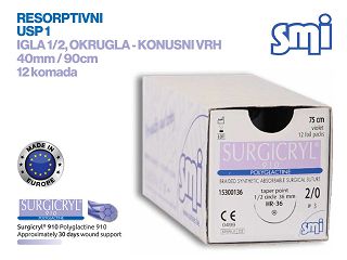 RESORPTIVNI KIRURŠKI KONAC S IGLOM, SURGICRYL 910, USP 1, IGLA 1/2, okrugla - konusni vrh, 40 mm/90 cm, pakiranje od 12 komada