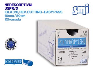 NERESORPTIVNI KIRURŠKI KONAC S IGLOM, POLIPROPILEN, USP 6/0, IGLA 3/8, reverse cutting - Easy pass, 16 mm/50 cm, pakiranje od 12 komada