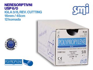 NERESORPTIVNI KIRURŠKI KONAC S IGLOM, POLIPROPILEN, USP 6/0, IGLA 3/8, reverse cutting, 16 mm/45 cm, pakiranje od 12 komada