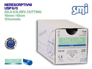 NERESORPTIVNI KIRURŠKI KONAC S IGLOM, DACLON NYLON, USP 6/0, IGLA 3/8, reverse cutting, 16 mm/45 cm, pakiranje od 12 komada