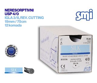 NERESORPTIVNI KIRURŠKI KONAC S IGLOM, SILK, USP 4/0, IGLA 3/8, reverse cutting, 19 mm/75 cm, pakiranje od 12 komada