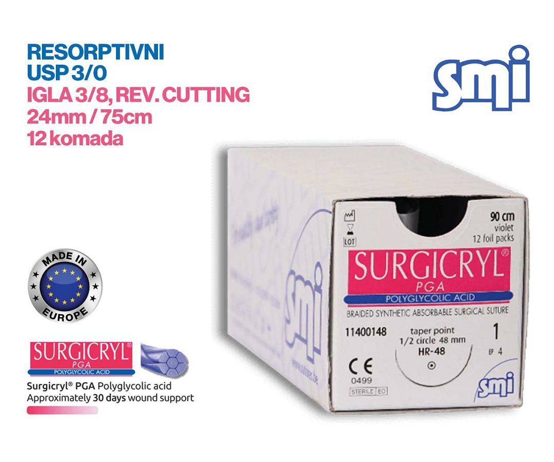 RESORPTIVNI KIRURŠKI KONAC S IGLOM, SURGICRYL PGA, USP 3/0, IGLA 3/8, reverse cutting, 24 mm/75 cm, pakiranje od 12 komada