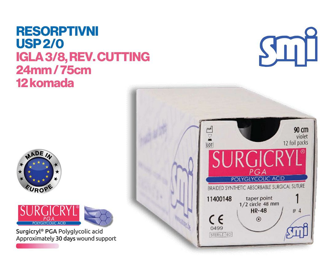 RESORPTIVNI KIRURŠKI KONAC S IGLOM, SURGICRYL PGA, USP 2/0, IGLA 3/8, reverse cutting, 24 mm/75 cm, pakiranje od 12 komada