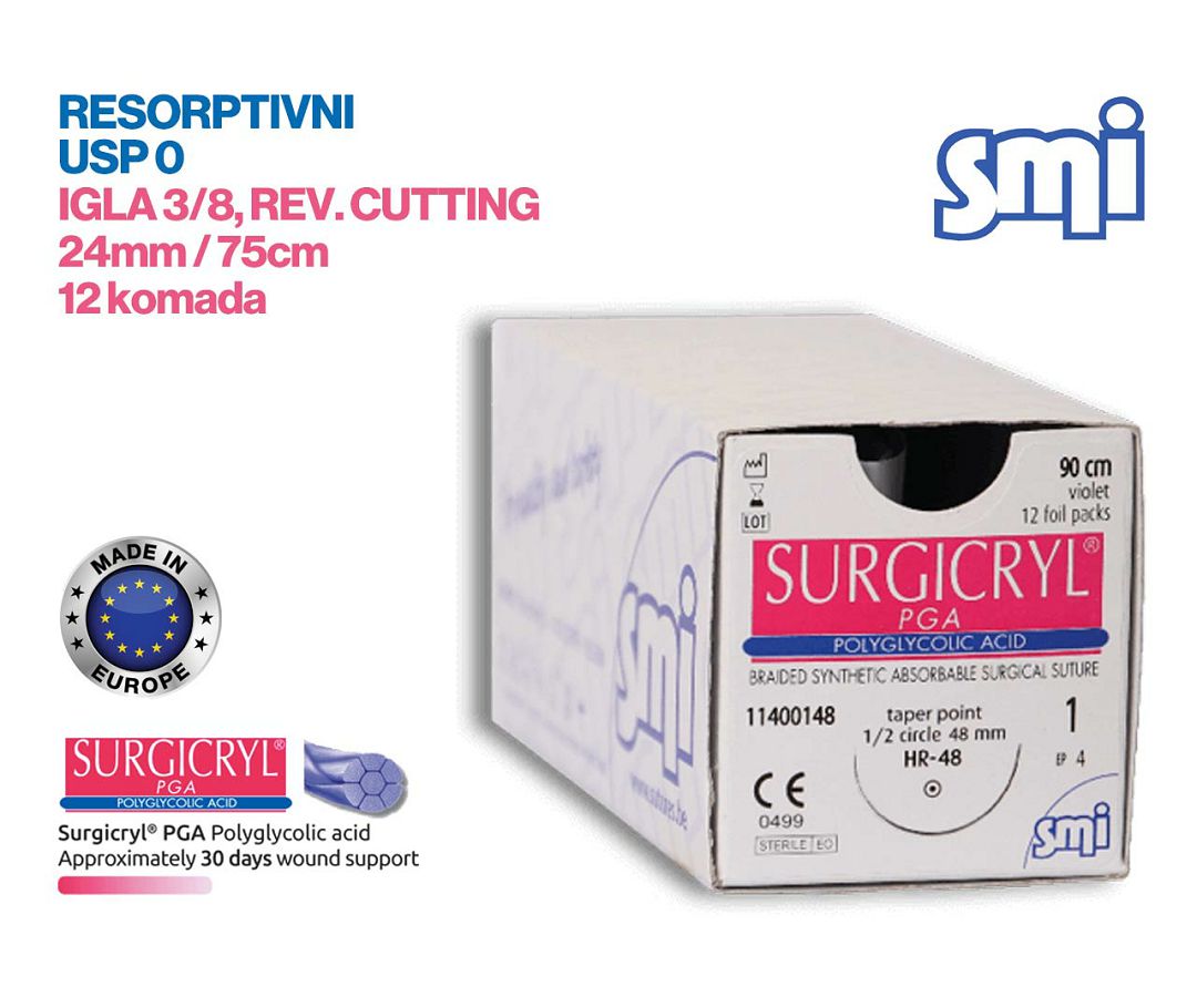 RESORPTIVNI KIRURŠKI KONAC S IGLOM, SURGICRYL PGA, USP 0, IGLA 3/8, reverse cutting, 24 mm/75 cm, pakiranje od 12 komada