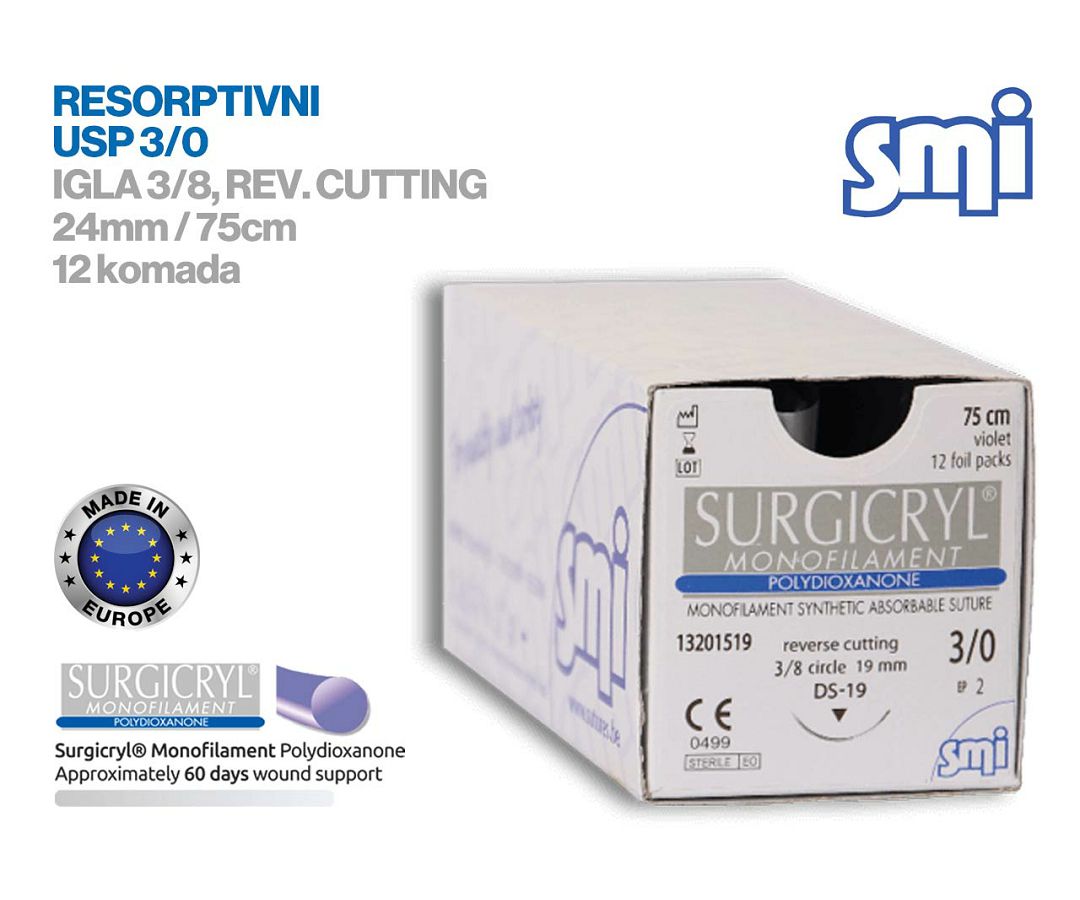 RESORPTIVNI KIRURŠKI KONAC S IGLOM, SURGICRYL MONOFILAMENT, USP 3/0, IGLA 3/8, reverse cutting, 24 mm/75 cm, pakiranje od 12 komada