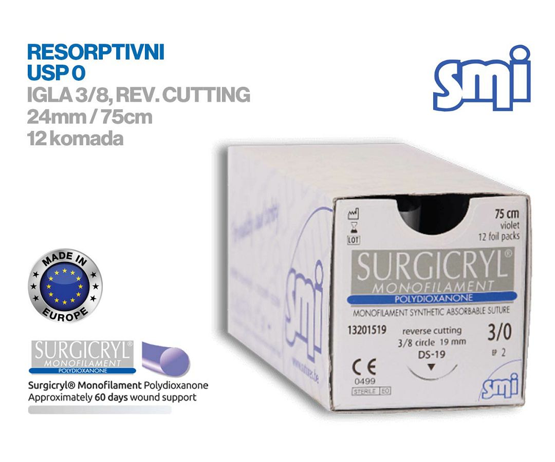 RESORPTIVNI KIRURŠKI KONAC S IGLOM, SURGICRYL MONOFILAMENT, USP 0, IGLA 3/8, reverse cutting, 24 mm/75 cm, pakiranje od 12 komada