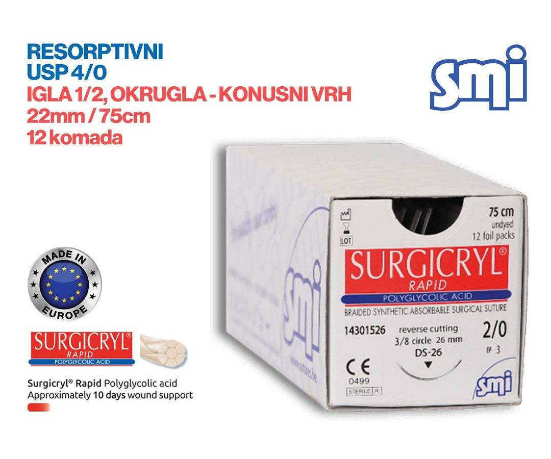 RESORPTIVNI KIRURŠKI KONAC S IGLOM, SURGICRYL RAPID, USP 4/0, IGLA 1/2, okrugla – konusni vrh, 22 mm/75 cm, pakiranje od 12 komada