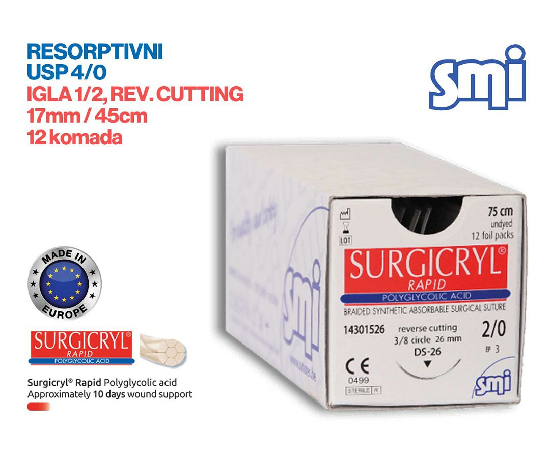 RESORPTIVNI KIRURŠKI KONAC S IGLOM, SURGICRYL RAPID, USP 4/0, IGLA 1/2, reverse cutting, 17 mm/45 cm, pakiranje od 12 komada