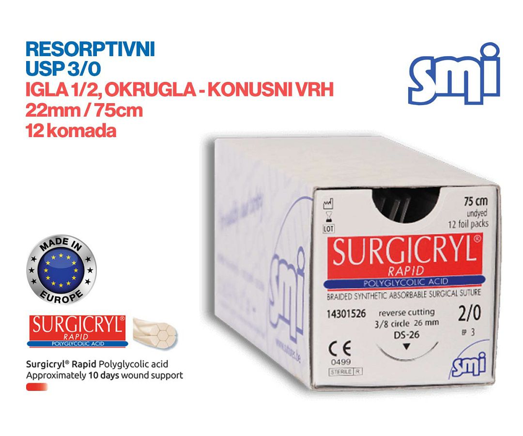 RESORPTIVNI KIRURŠKI KONAC S IGLOM, SURGICRYL RAPID, USP 3/0, IGLA 1/2, okrugla – konusni vrh, 22 mm/75 cm, pakiranje od 12 komada