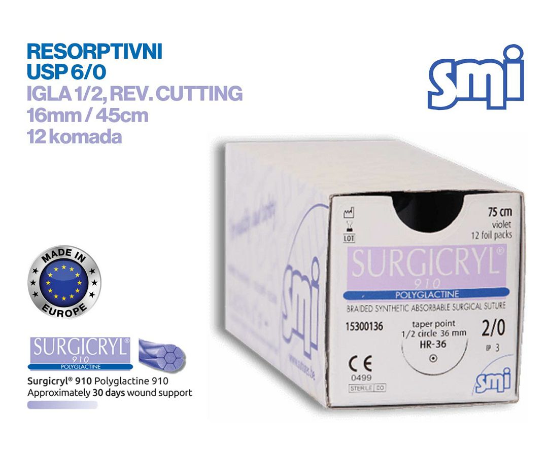 RESORPTIVNI KIRURŠKI KONAC S IGLOM, SURGICRYL 910, USP 6/0, IGLA 1/2, reverse cutting, 16 mm/45 cm, pakiranje od 12 komada