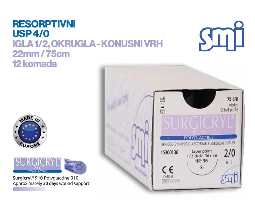 RESORPTIVNI KIRURŠKI KONAC S IGLOM, SURGICRYL 910, USP 4/0, IGLA 1/2, okrugla - konusni vrh, 22 mm/75 cm, pakiranje od 12 komada