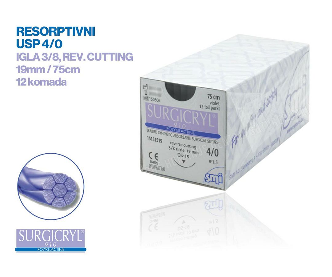 RESORPTIVNI KIRURŠKI KONAC S IGLOM, SURGICRYL 910, USP 4/0, IGLA 3/8, REV CUT, 19mm/75cm, pakiranje od 12 komada