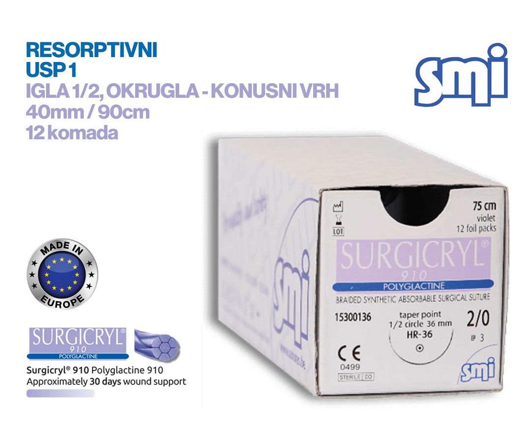 RESORPTIVNI KIRURŠKI KONAC S IGLOM, SURGICRYL 910, USP 1, IGLA 1/2, okrugla - konusni vrh, 40 mm/90 cm, pakiranje od 12 komada