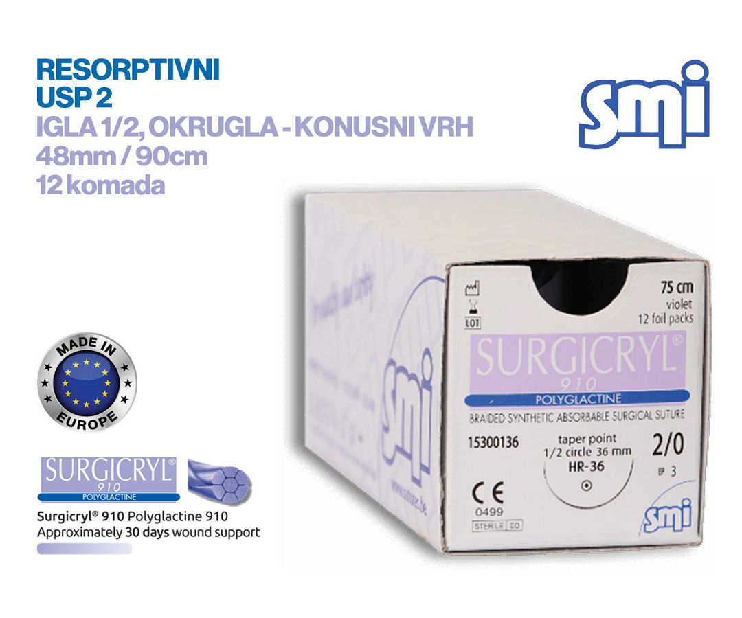 RESORPTIVNI KIRURŠKI KONAC S IGLOM, SURGICRYL 910, USP 2, IGLA 1/2, okrugla - konusni vrh, 48 mm/90 cm, pakiranje od 12 komada