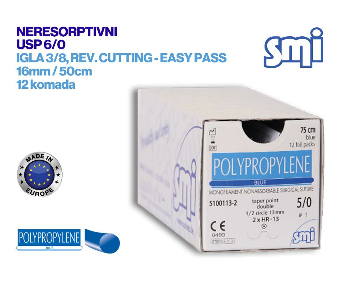 NERESORPTIVNI KIRURŠKI KONAC S IGLOM, POLIPROPILEN, USP 6/0, IGLA 3/8, reverse cutting - Easy pass, 16 mm/50 cm, pakiranje od 12 komada