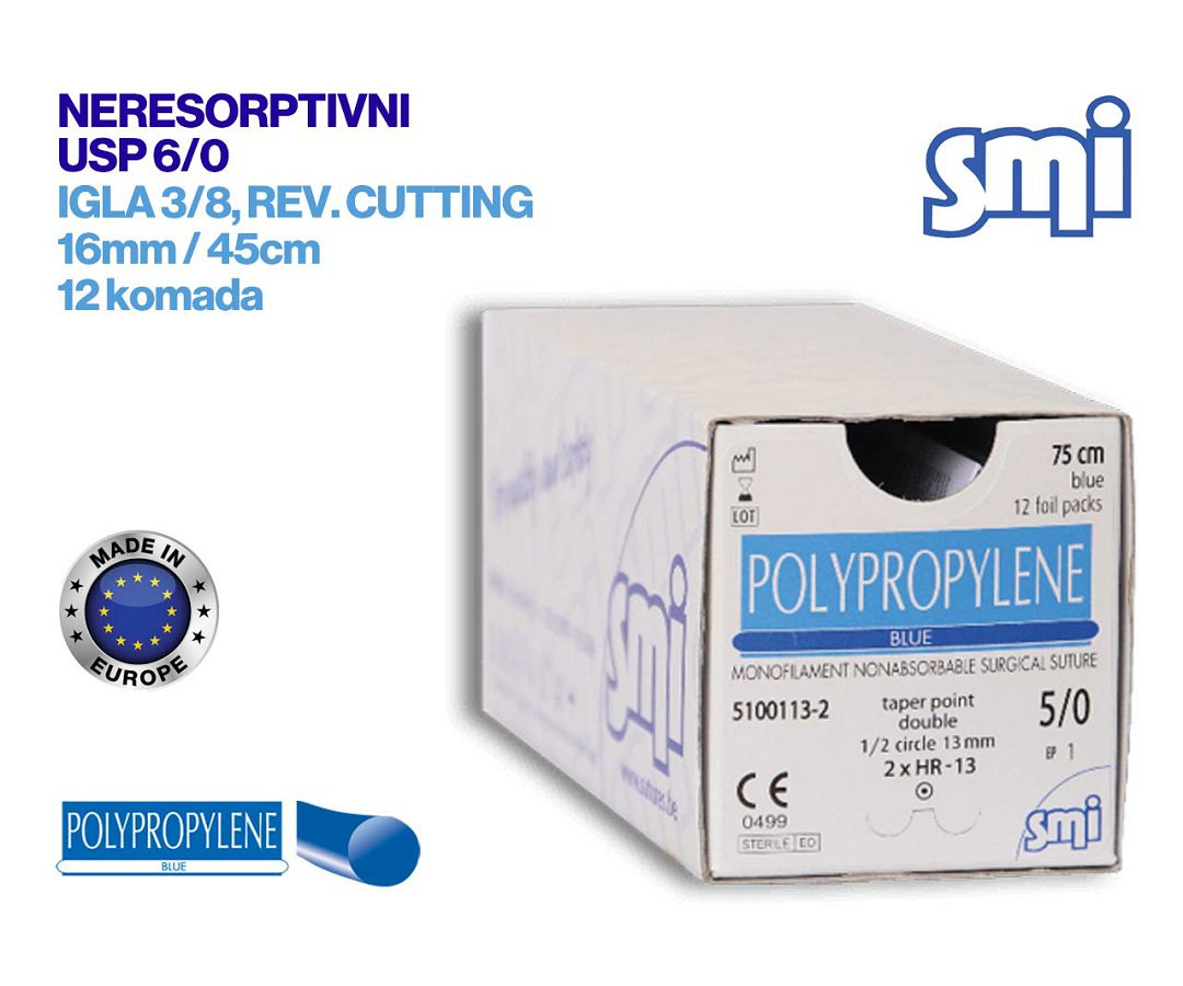 NERESORPTIVNI KIRURŠKI KONAC S IGLOM, POLIPROPILEN, USP 6/0, IGLA 3/8, reverse cutting, 16 mm/45 cm, pakiranje od 12 komada