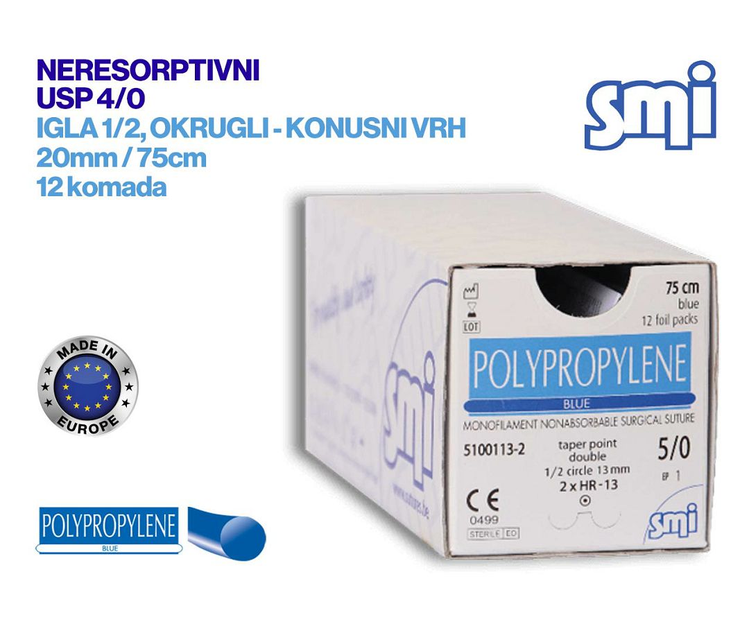 NERESORPTIVNI KIRURŠKI KONAC S IGLOM, POLIPROPILEN, USP 4/0, IGLA 1/2, okrugla – konusni vrh, 20 mm/75 cm, pakiranje od 12 komada